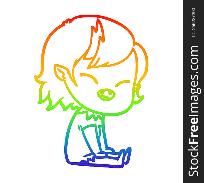 rainbow gradient line drawing of a cartoon laughing vampire girl sitting