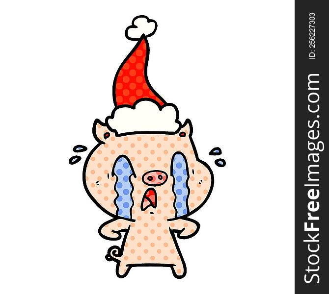 Crying Pig Comic Book Style Illustration Of A Wearing Santa Hat