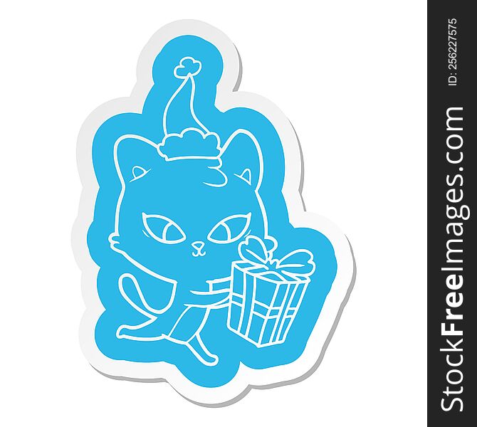 Cute Cartoon  Sticker Of A Cat Wearing Santa Hat