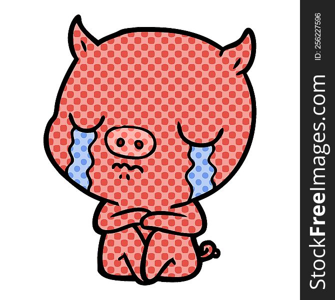 cartoon sitting pig crying. cartoon sitting pig crying