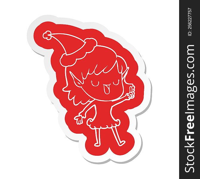 Cartoon  Sticker Of A Elf Girl Wearing Santa Hat