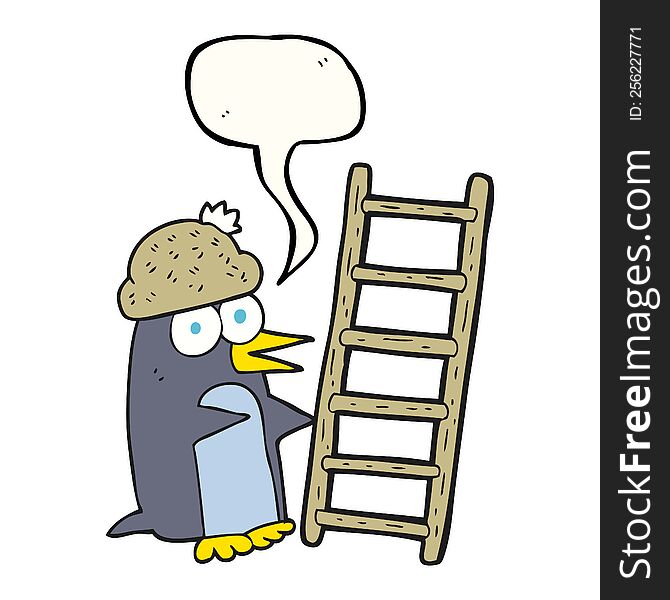 freehand drawn speech bubble cartoon penguin with ladder