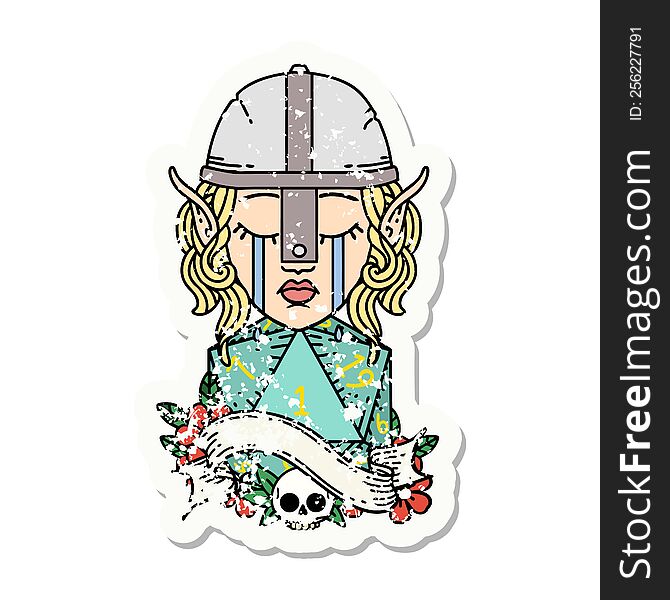 grunge sticker of a crying elf fighter character face with natural one D20 roll. grunge sticker of a crying elf fighter character face with natural one D20 roll