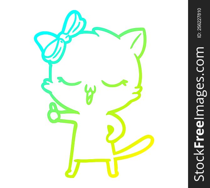 cold gradient line drawing of a cartoon cat with bow on head