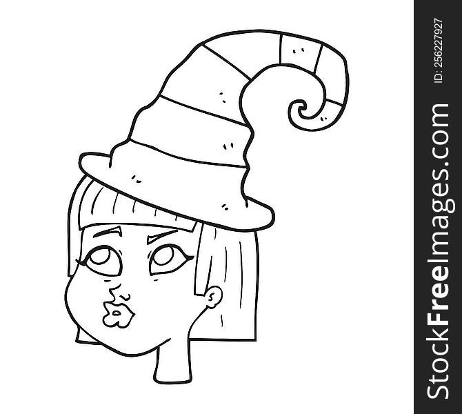 freehand drawn black and white cartoon witch
