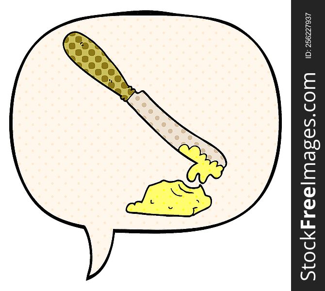 cartoon knife spreading butter with speech bubble in comic book style