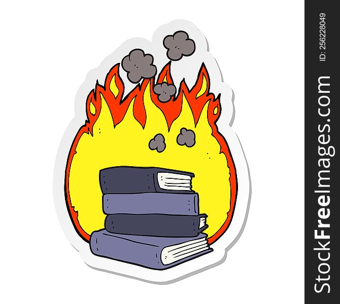 sticker of a cartoon stack of books burning