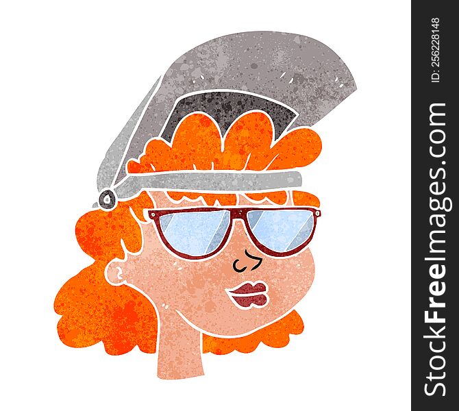 Freehand retro cartoon woman with welding mask and glasses