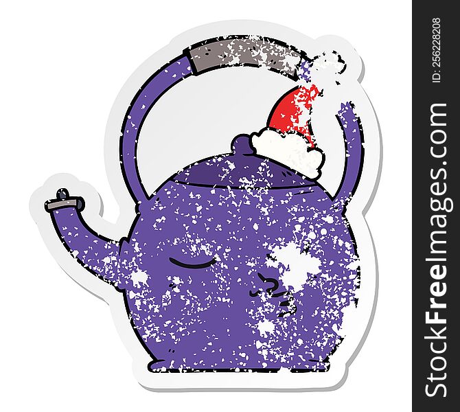 Distressed Sticker Cartoon Of A Kettle Wearing Santa Hat