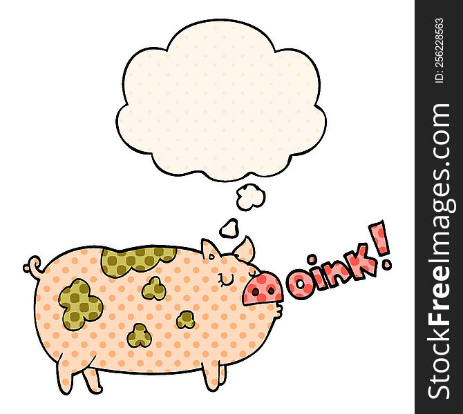 cartoon oinking pig with thought bubble in comic book style
