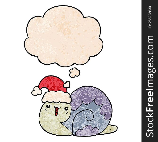 Cute Cartoon Christmas Snail And Thought Bubble In Grunge Texture Pattern Style