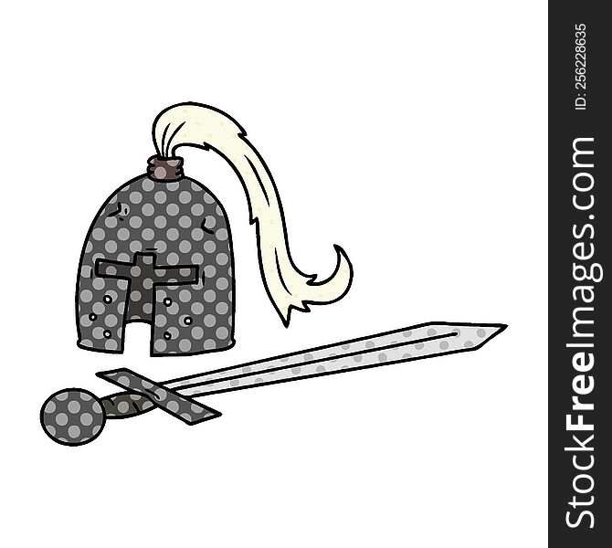 hand drawn cartoon doodle of a medieval helmet and sword