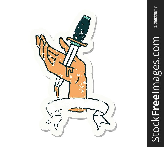 Grunge Sticker With Banner Of A Dagger In The Hand