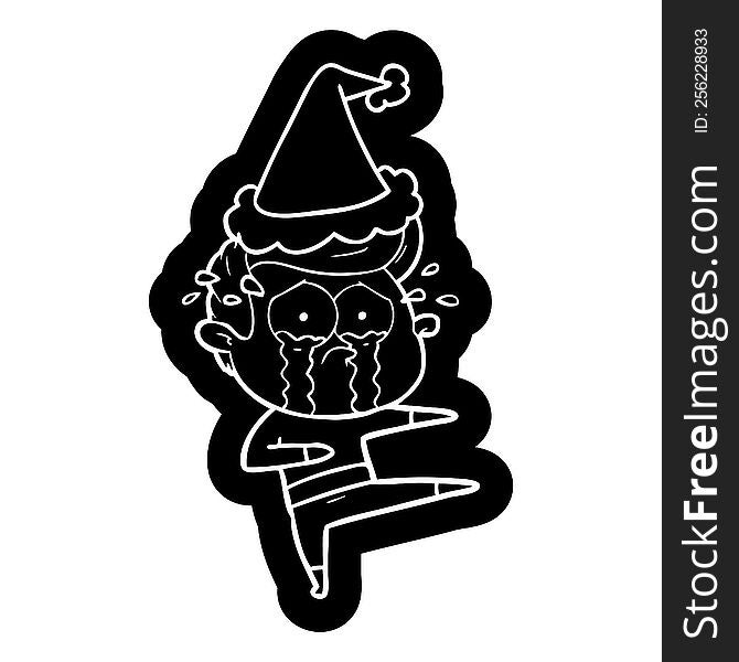 quirky cartoon icon of a crying dancer wearing santa hat