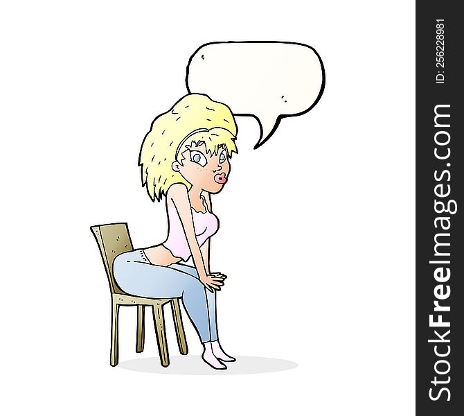 cartoon woman posing on chair with speech bubble