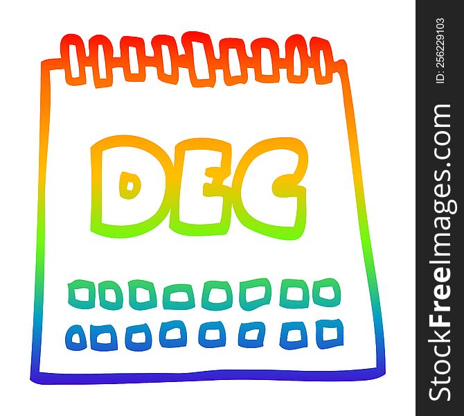 rainbow gradient line drawing of a cartoon calendar showing month of december