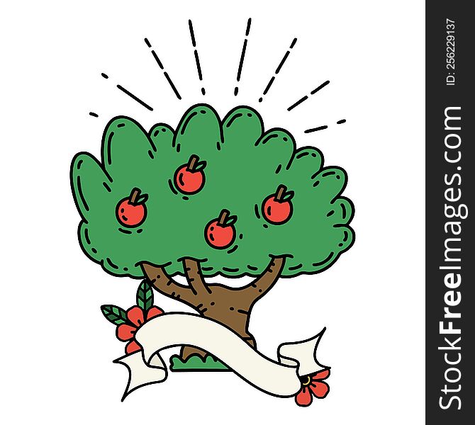 scroll banner with tattoo style apple tree