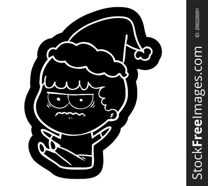 quirky cartoon icon of a annoyed man wearing santa hat