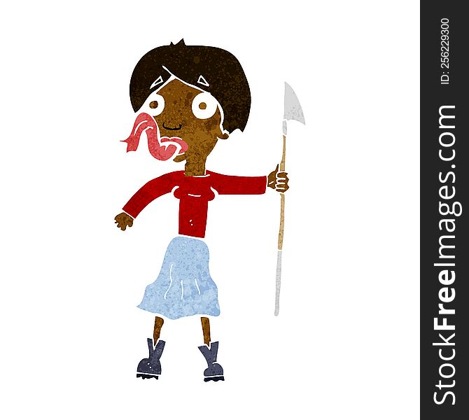 cartoon woman with spear sticking out tongue