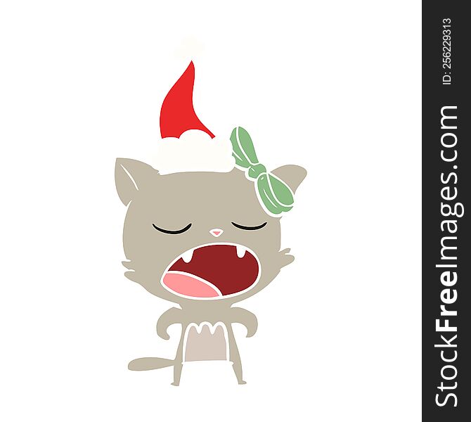 hand drawn flat color illustration of a cat meowing wearing santa hat