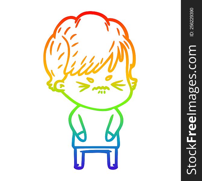 rainbow gradient line drawing of a cartoon frustrated woman