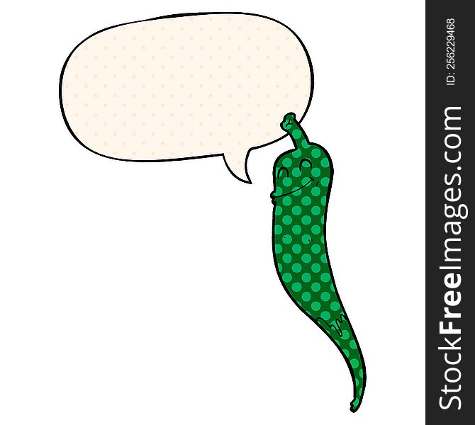 cartoon chili pepper with speech bubble in comic book style