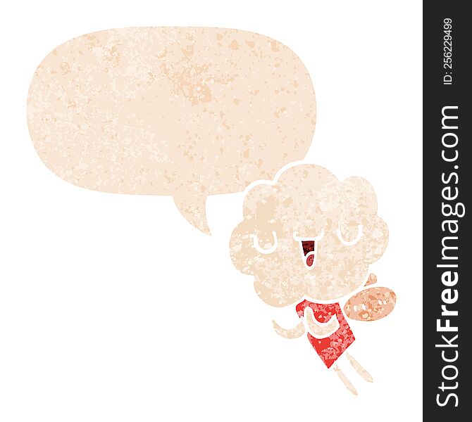 Cute Cartoon Cloud Head Creature And Speech Bubble In Retro Textured Style
