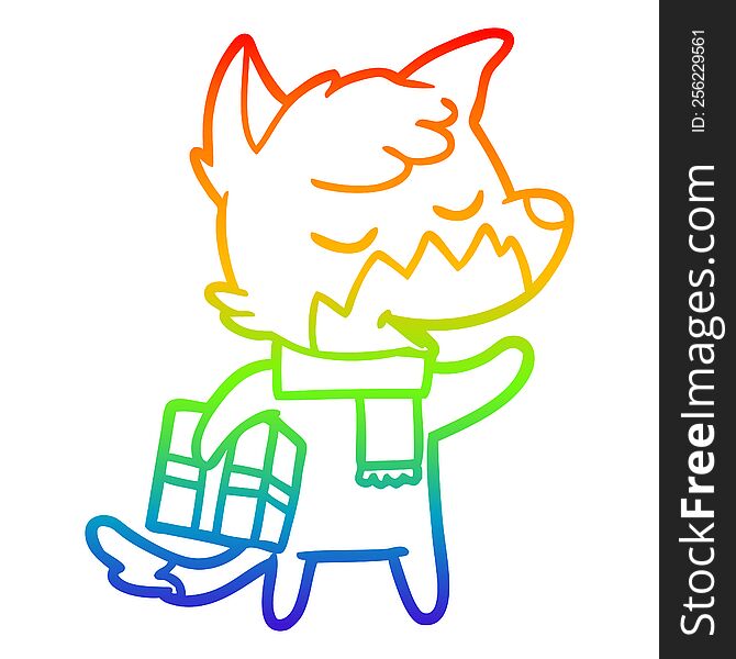 rainbow gradient line drawing of a friendly cartoon fox with christmas present