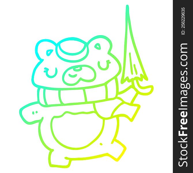 cold gradient line drawing of a cartoon bear with umbrella