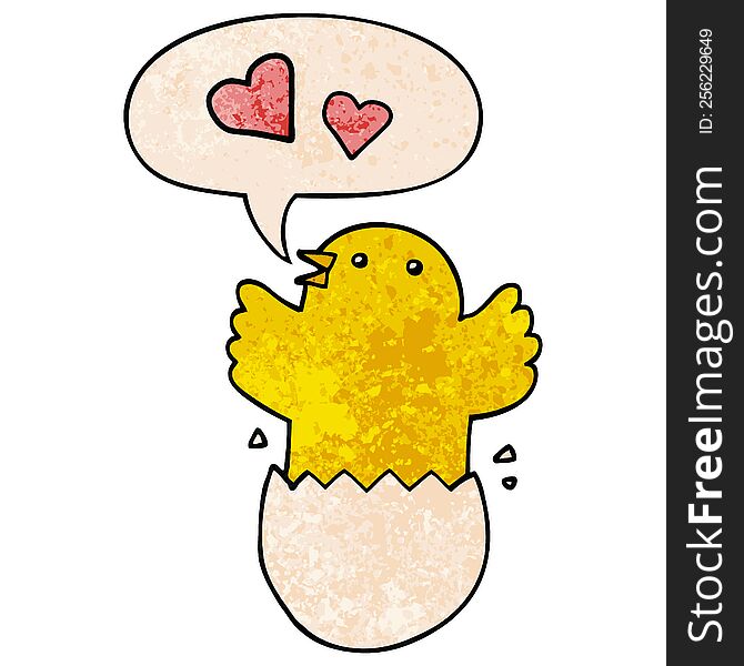 cute hatching chick cartoon with speech bubble in retro texture style