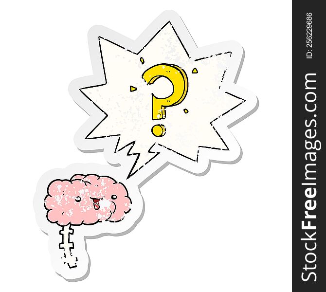 cartoon curious brain and speech bubble distressed sticker