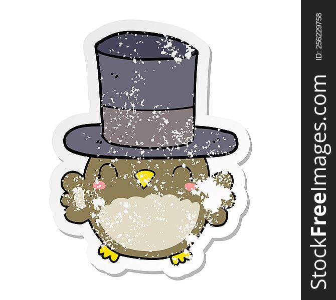 distressed sticker of a cartoon owl wearing top hat