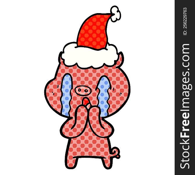 crying pig hand drawn comic book style illustration of a wearing santa hat. crying pig hand drawn comic book style illustration of a wearing santa hat