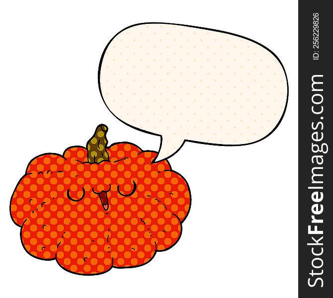 happy cartoon pumpkin with speech bubble in comic book style