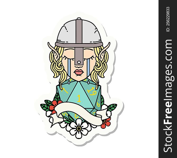 Crying Elf Fighter Character Face With Natural One D20 Roll Sticker