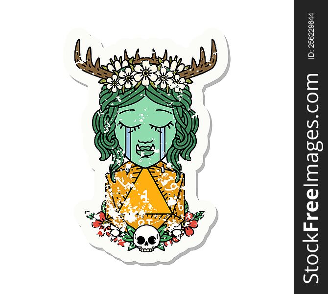 grunge sticker of a sad half orc druid character with natural one dice roll. grunge sticker of a sad half orc druid character with natural one dice roll