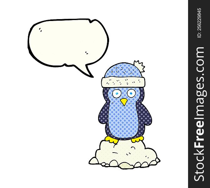 freehand drawn comic book speech bubble cartoon penguin wearing hat
