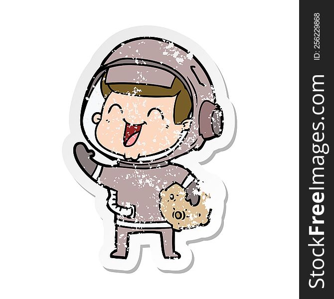 distressed sticker of a happy cartoon astronaut