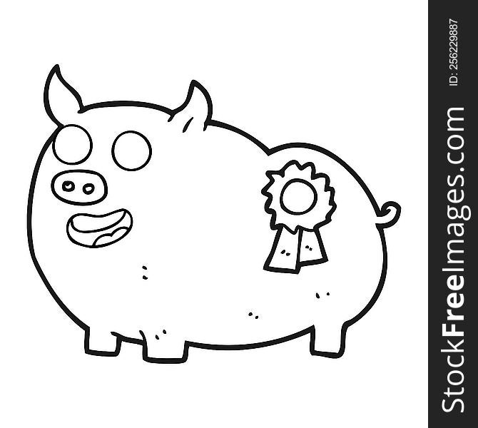 freehand drawn black and white cartoon prize winning pig