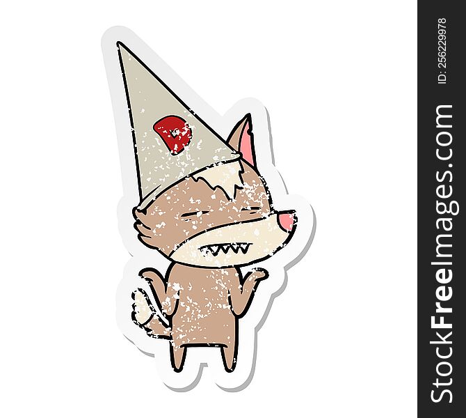Distressed Sticker Of A Cartoon Wolf Wearing Dunce Hat