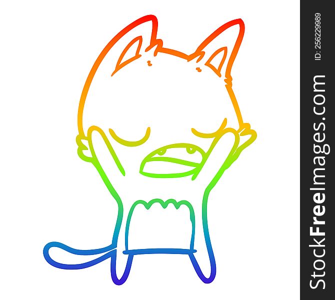 rainbow gradient line drawing of a cartoon yawning cat