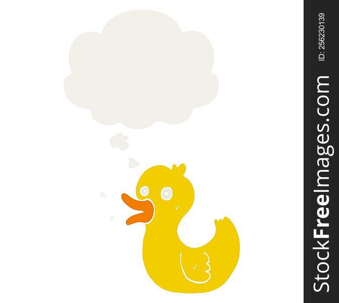 cartoon quacking duck with thought bubble in retro style