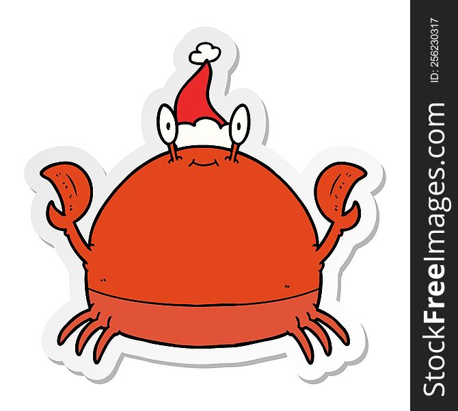 Sticker Cartoon Of A Crab Wearing Santa Hat