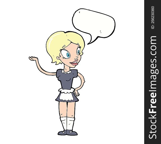 cartoon woman in maid costume with speech bubble