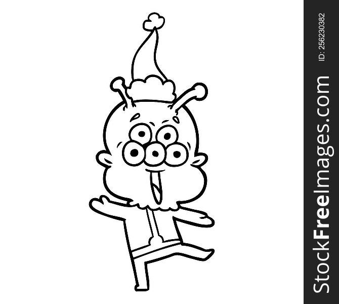 Happy Line Drawing Of A Alien Dancing Wearing Santa Hat