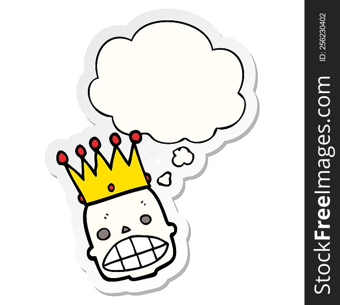 cartoon spooky skull face with crown with thought bubble as a printed sticker
