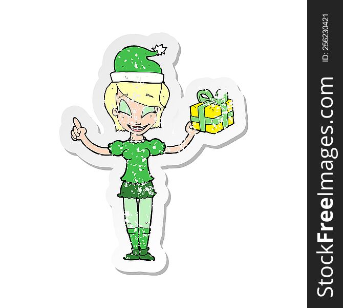 retro distressed sticker of a cartoon woman with christmas present