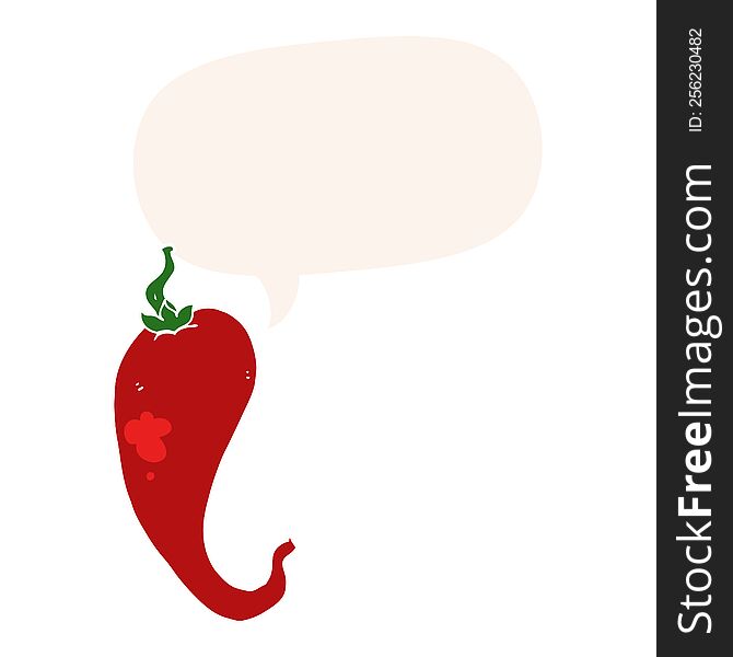 cartoon chili pepper with speech bubble in retro style