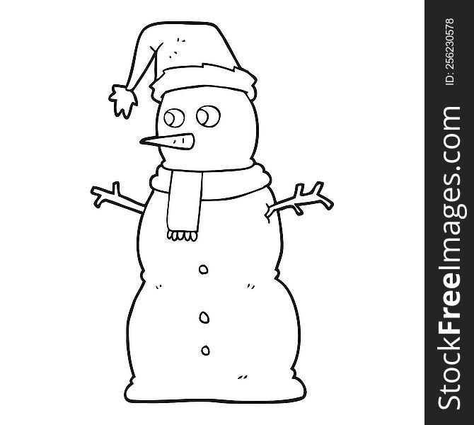 freehand drawn black and white cartoon snowman