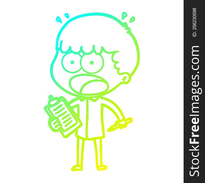 cold gradient line drawing cartoon shocked man with clipboard and pen